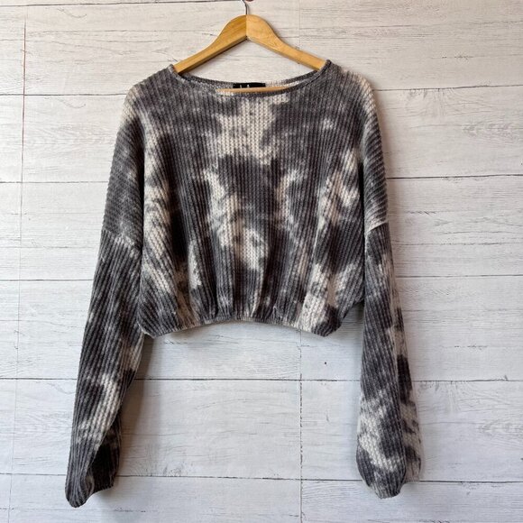 Lulus Top SZ Large Majorly Cozy Grey Tie Dye Waffle Knit Long Sleeve Crop Boho - Picture 1 of 14